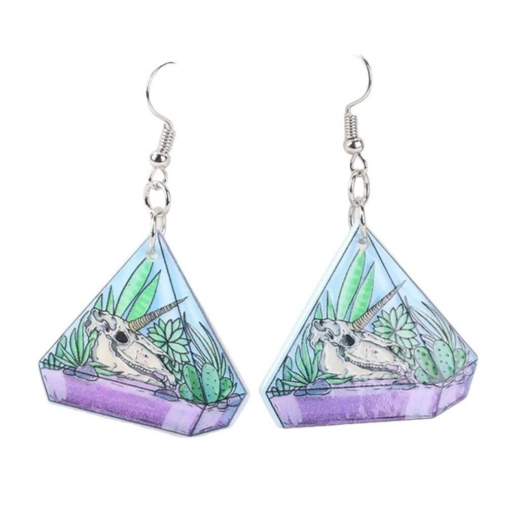 New Pastel Goth Unicorn Skull Terrarium Drop Earrings Succulent Cactus Purple